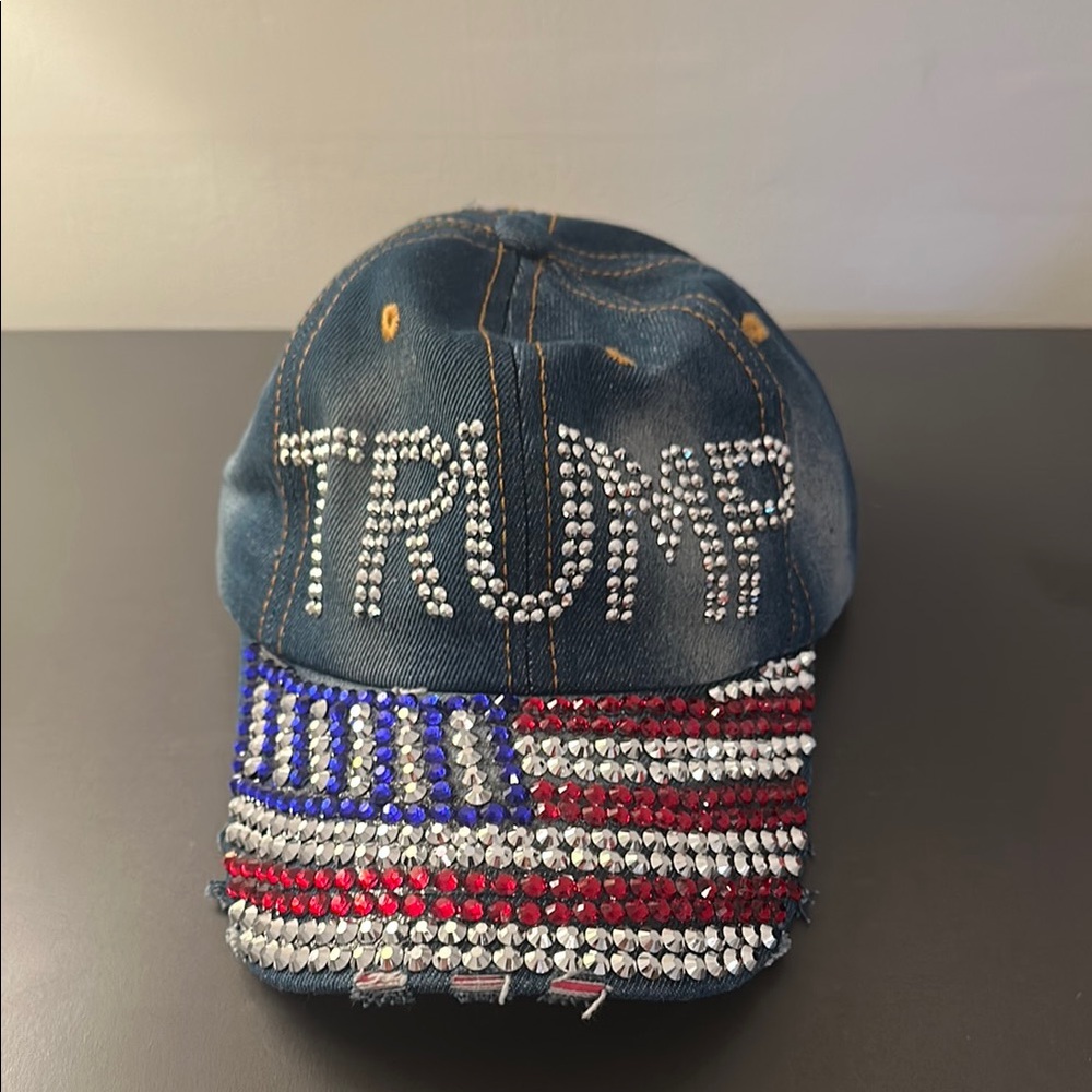 Trump Embellished Denim Cap with American Flag Design